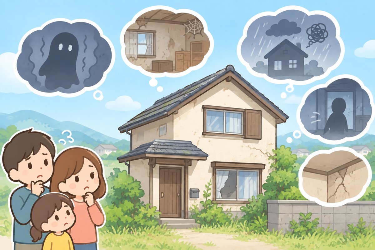 古い一戸建てを前に、おばけ・傷んだ室内・雨漏り・人影・壁のひび割れを思い浮かべて不安そうにしている家族のイラスト