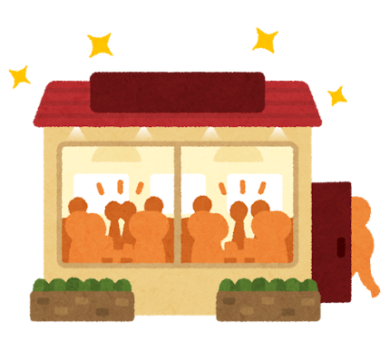 窓際の席まで人で埋まっている、にぎわう小さな飲食店のイラスト