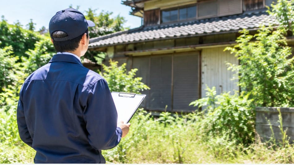 作業服の担当者が、草の伸びた空き家の外観を確認している