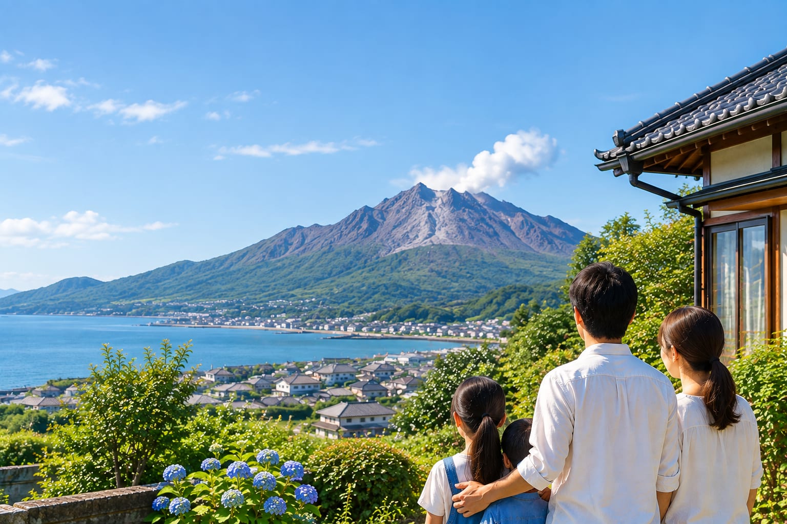 海と山を望む高台の家の前で、景色を眺める家族