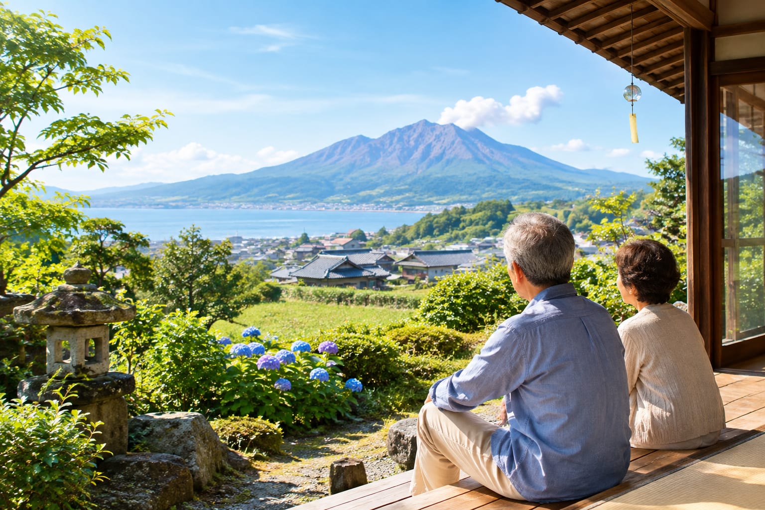 縁側から、紫陽花の咲く庭ごしに海と山を眺めるご夫婦